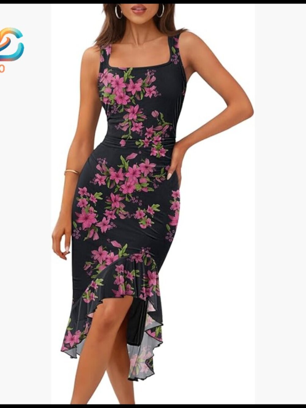 Floral Midi Dress Sleeveless Square Neck Ruffle Cocktail Beach